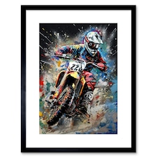 Motocross Race Action Shot Extreme Sport Painting 9x7" Black Framed Wall Art Print