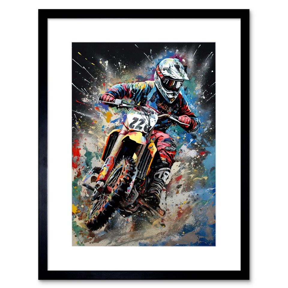 image 1 of Motocross Race Action Shot Extreme Sport Painting 9x7" Black Framed Wall Art Print