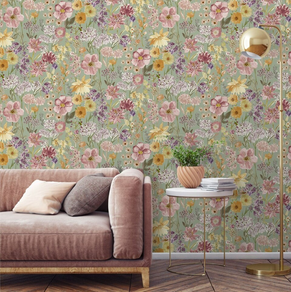 image 1 of Grandeco Spring Wild Flowers Trail Smooth Wallpaper, Sage Green | Green | Sage Green | 5.32