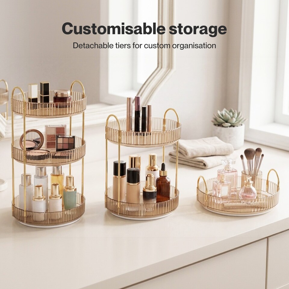image 1 of ilus Makeup Organiser 360 Rotating Spinning 3 Tiers Cosmetic Organizer | Gold | Gold