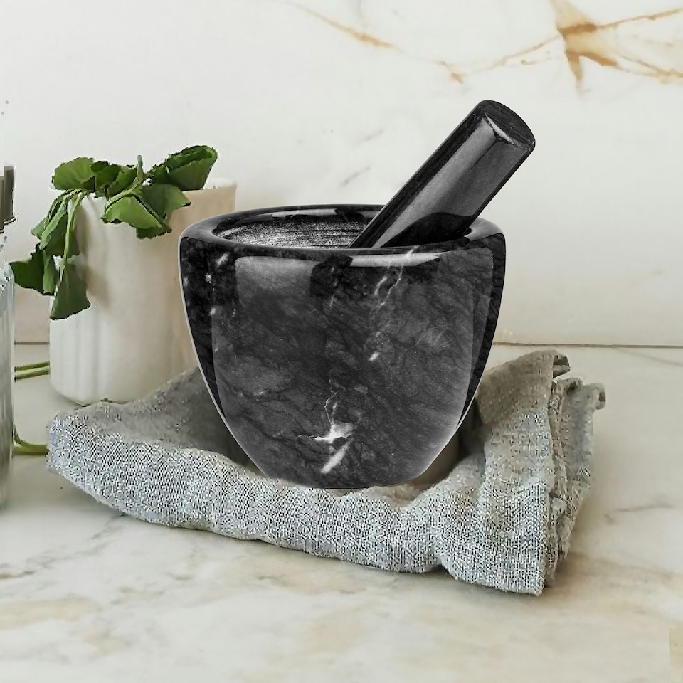 image 1 of Interiors by Premier Black Marble Plain Mortar and Pestle, Durable Natural Marble Grinder with Polished Finish