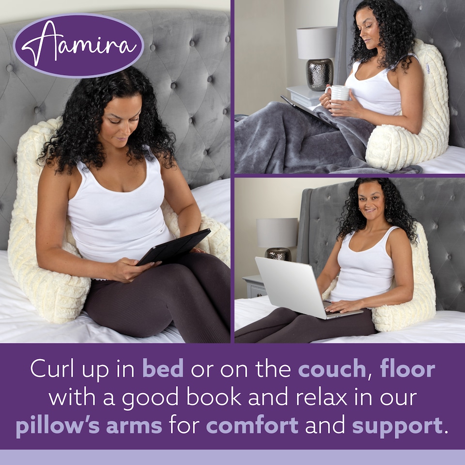 image 1 of Aamira Reading Pillow Cream Faux Fur Ribbed Memory Foam Support Cushion | Cream | Cream | Standard | 1