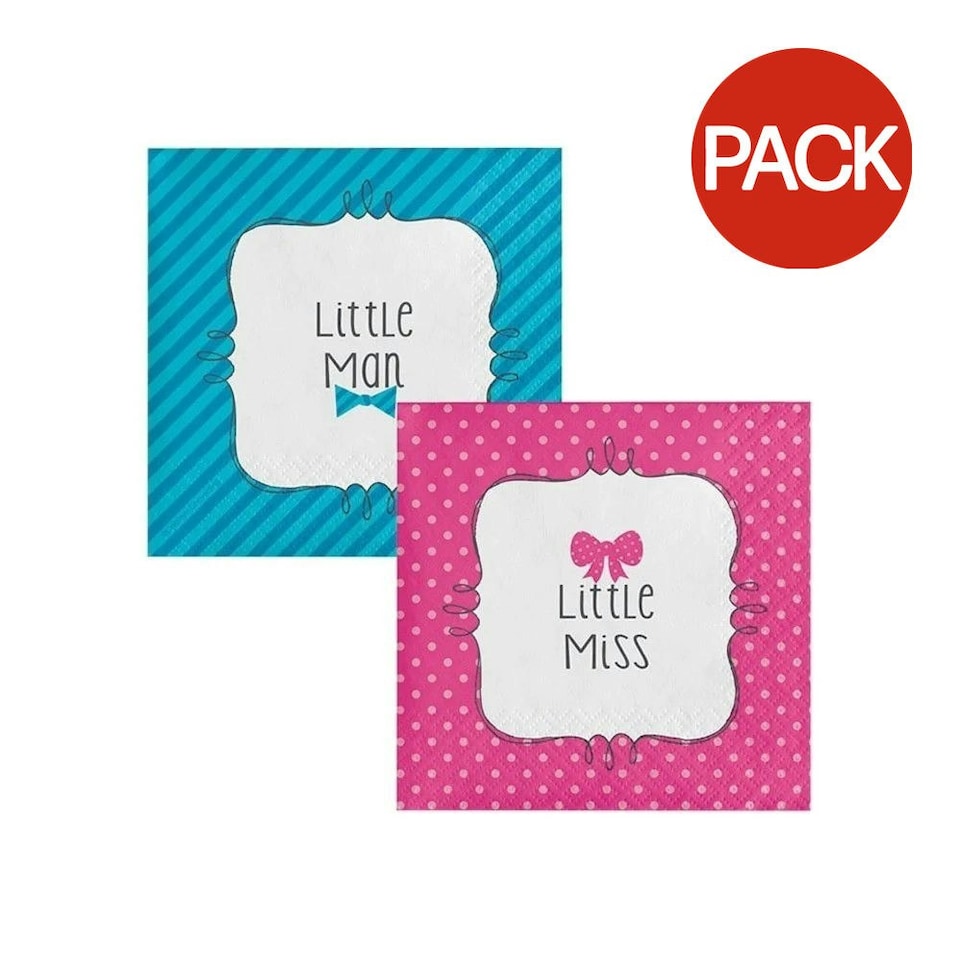 Creative Party Bow or Bowtie 3 Ply Gender Reveal Disposable Napkins (Pack of 16) - Pink/Blue - One Size