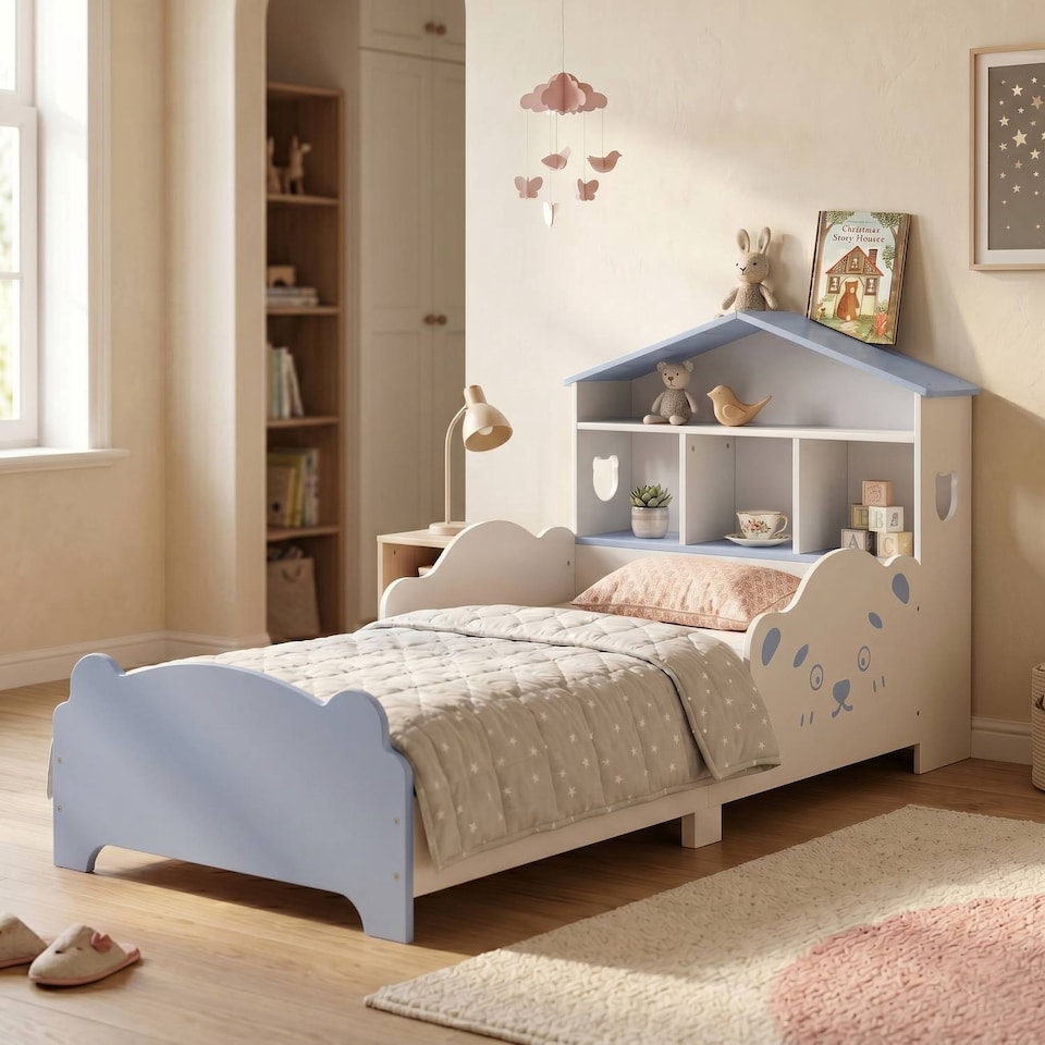 image 1 of TOTO Wooden Toddler Bed w/ Integrated Bookshelf Storage Junior Kids Frame - Blue