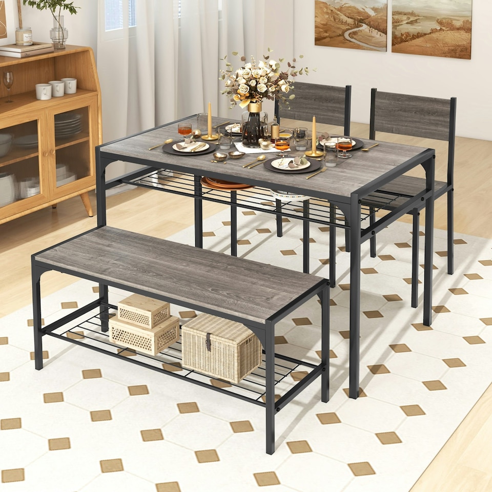 image 1 of COSTWAY 4-piece Dining Set Table with Chairs & Bench Grey Grey