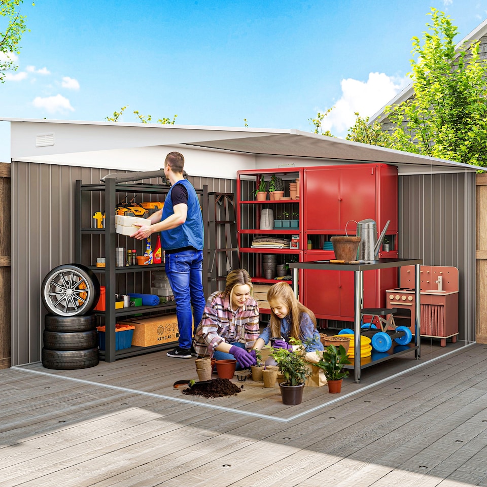 image 1 of Outsunny 11.3 x 9.2ft Lean to Metal Garden Shed, Outdoor Galvanised Tool Storage House with Double Sliding Doors and 2 Air Vents, Grey