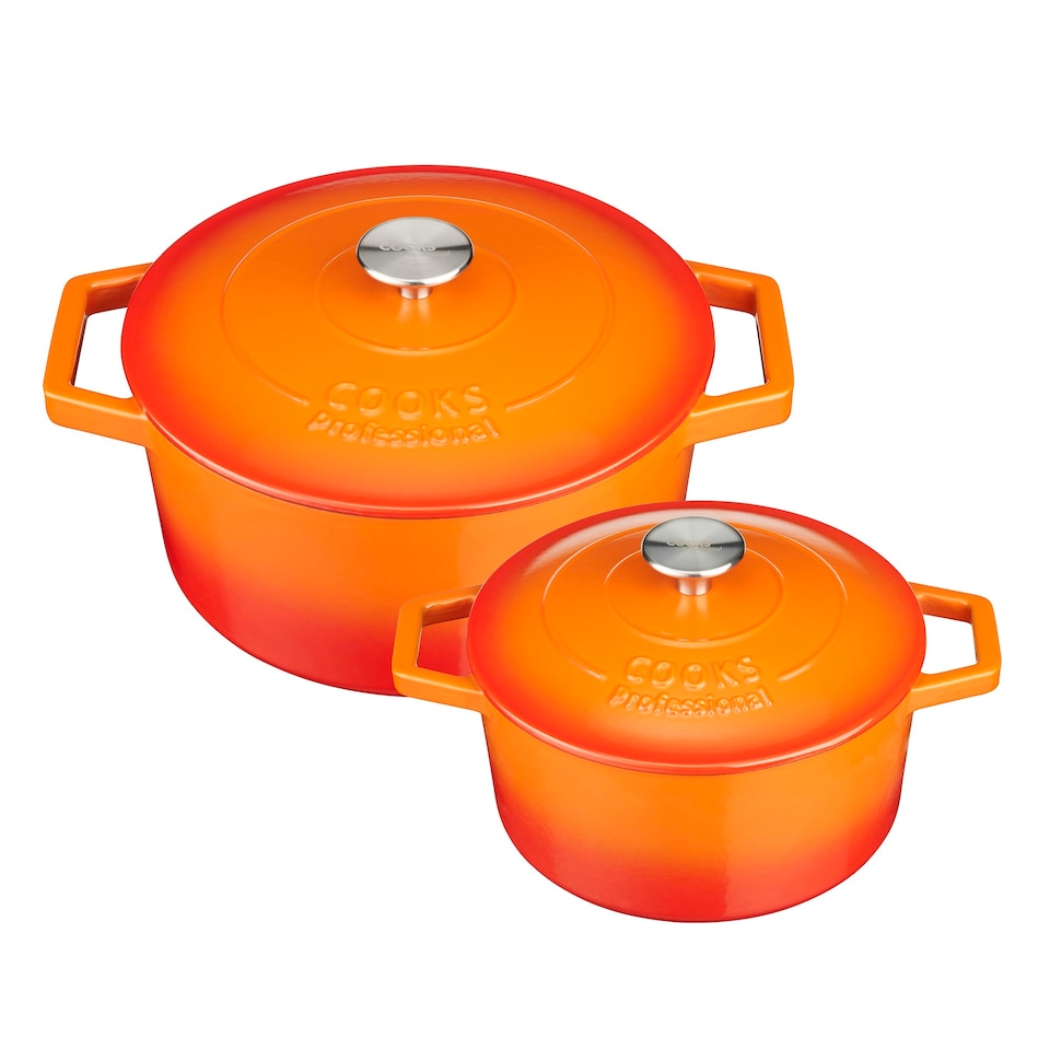 image 1 of Cooks Professional Cast Iron Casserole Set of 2 | 20cm and 26cm | Enamelled Inside and Out | Graduated Orange