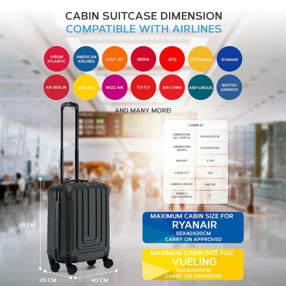 image 1 of Flight Knight Premium Hard Shell Lightweight Cabin Suitcase - 8 Wheels - TSA Lock & USB Port - 100 Airlines Approved Including Ryanair Priority - 55x40x20cm Black | Black | Cabin Bag