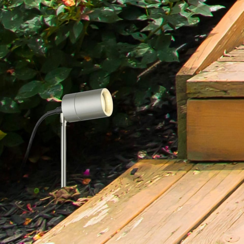 image 1 of First Choice Lighting Set of 2 Blaze Stainless Steel Outdoor Spike Lights Silver | Clear