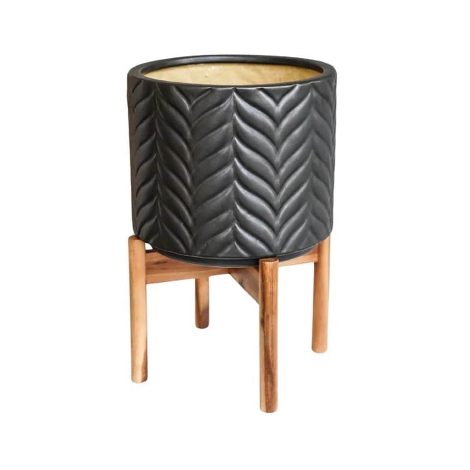 image 1 of Aspen Chevron Planter - Ceramic/Wood - L22 x W22 x H34 cm - Mercury | Black