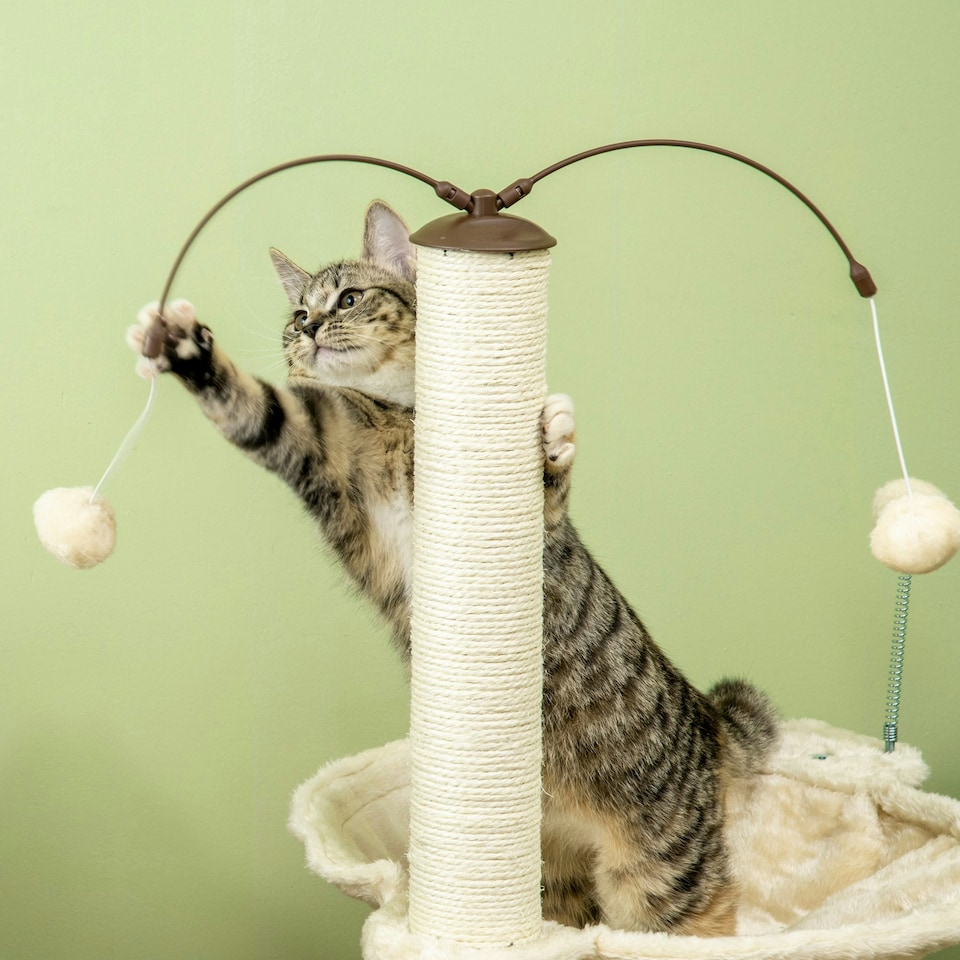 image 1 of PawHut 90cm Cat Tree Tower with Bed, Toy Ball, Scratching Post, Beige