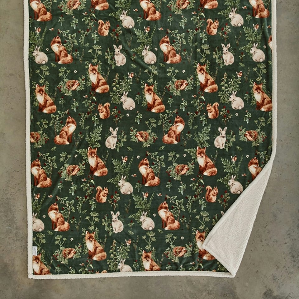 image 1 of Woodland Wildlife Forest Animal Flannel Throw with Sherpa Back – 140x180cm Red | Wine