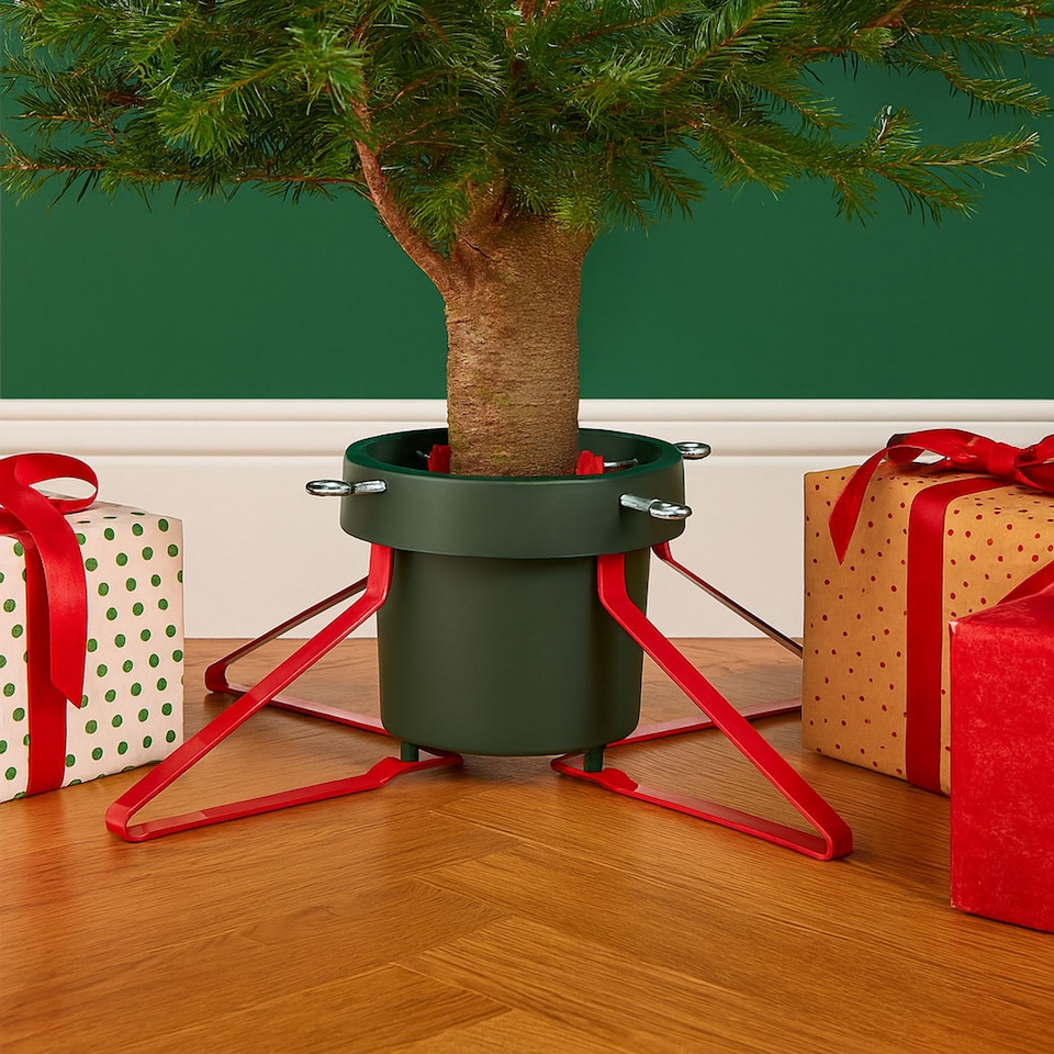 image 1 of Neo Christmas Tree Stand for Real Trees up to 8ft Extra Large Heavy Duty Metal Base | Green | Green And Red