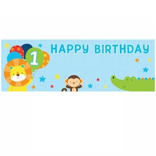 Creative Party One Is Fun Plastic Zoo Animals 1st Birthday Banner With Stickers - Blue - One Size