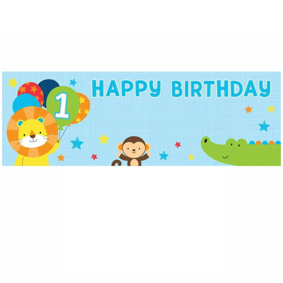 image 1 of Creative Party One Is Fun Plastic Zoo Animals 1st Birthday Banner With Stickers - Blue - One Size