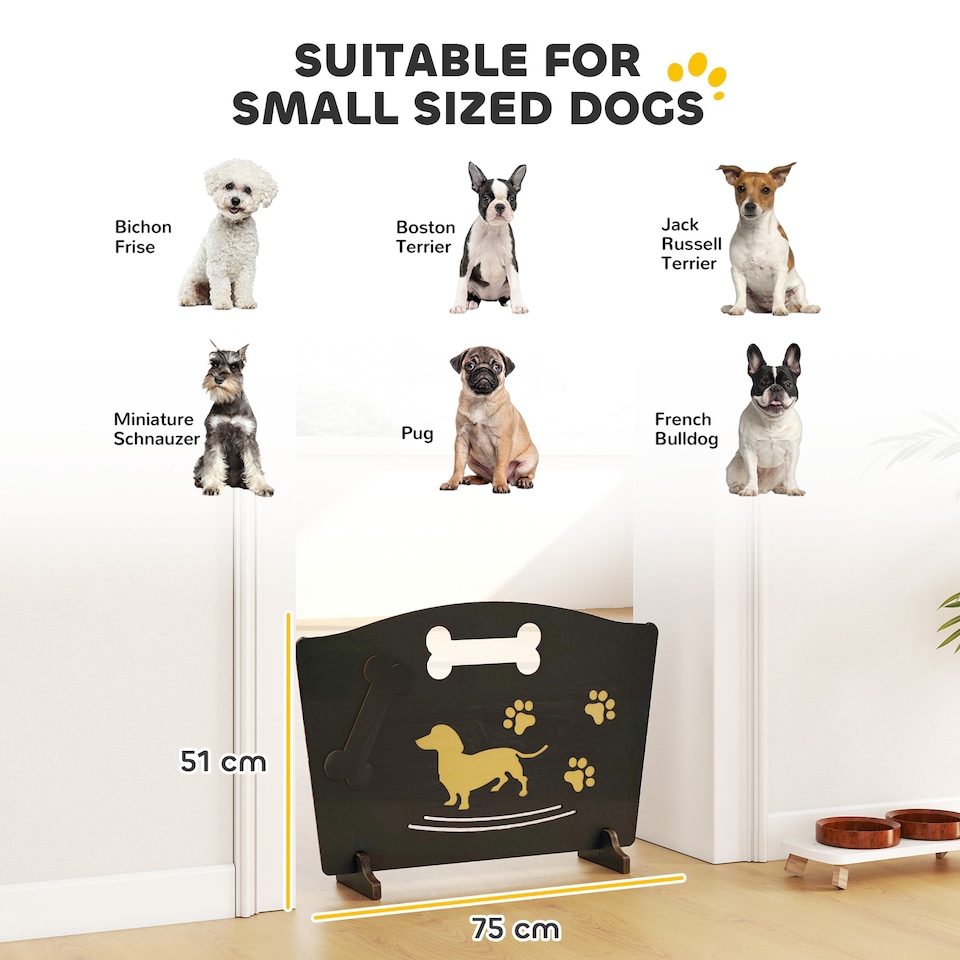 image 1 of PawHut Wooden Dog Stopper, Dog Barrier for Stairs, Patio, Indoors, Freestanding Pet Gate with Support Feet, Very Easy Setup, Lightweight, Black, 75 x 51 cm