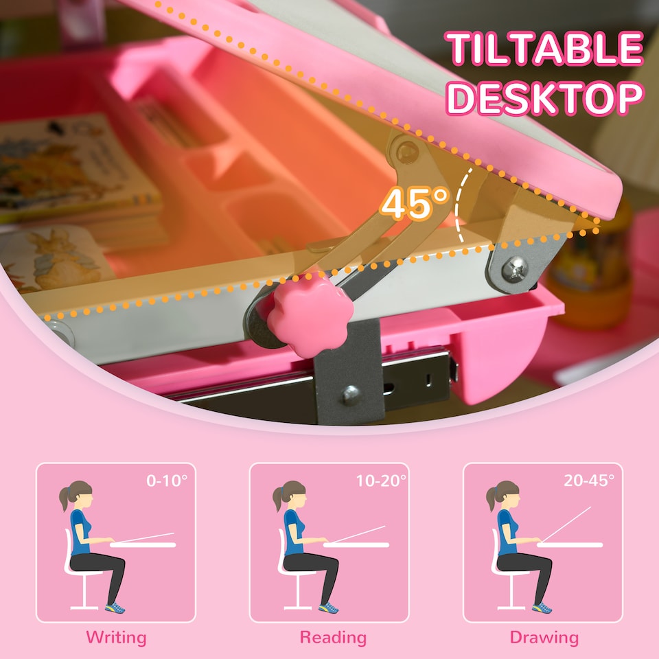 image 1 of HOMCOM Kids Desk and Chair Set Adjustable Tiltable with Drawer Pen Slot Hook | Pink