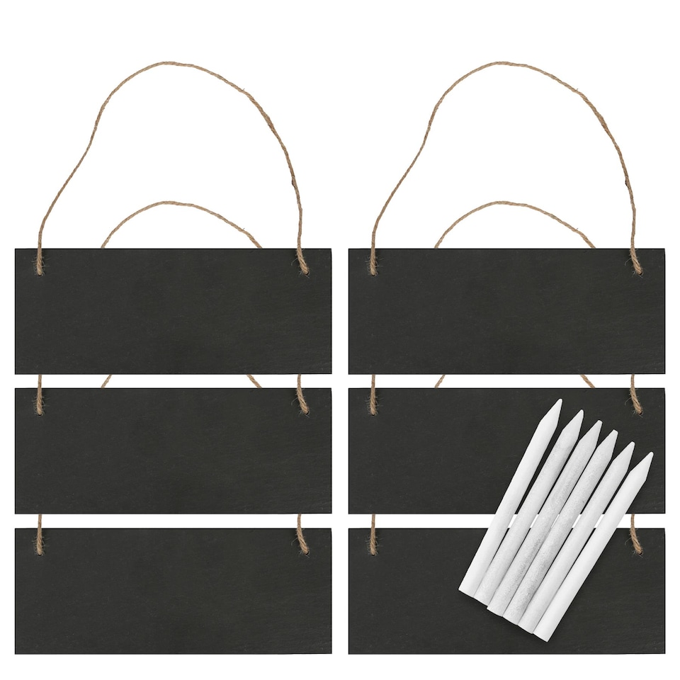 image 1 of Nicola Spring Rectangle Slate Memo Boards with Rope & Chalk Pencils - 25cm x 10cm - Black - Pack of 6