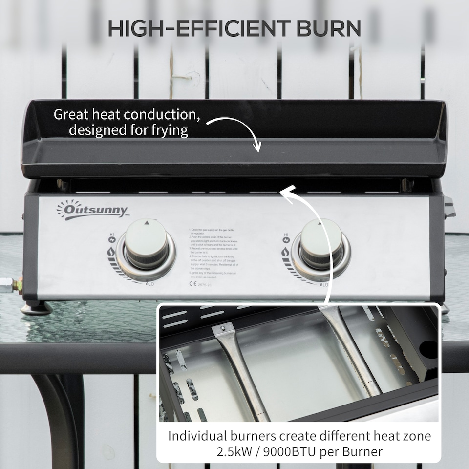 image 1 of Outsunny Portable Gas Plancha Barbecue Grill with 2 Stainless Steel Burner