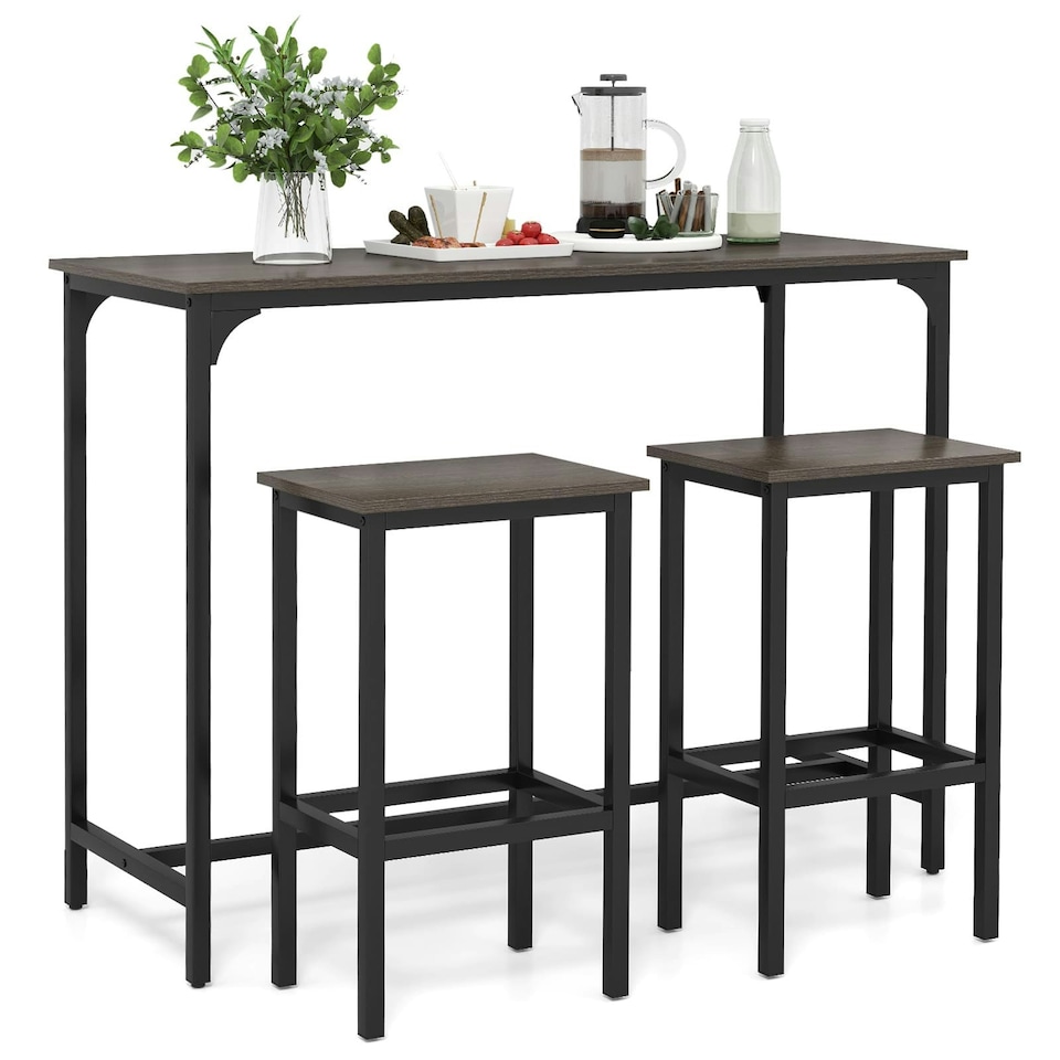 image 1 of COSTWAY 3Pcs Dining Table Set Counter Height Kitchen Gray Grey