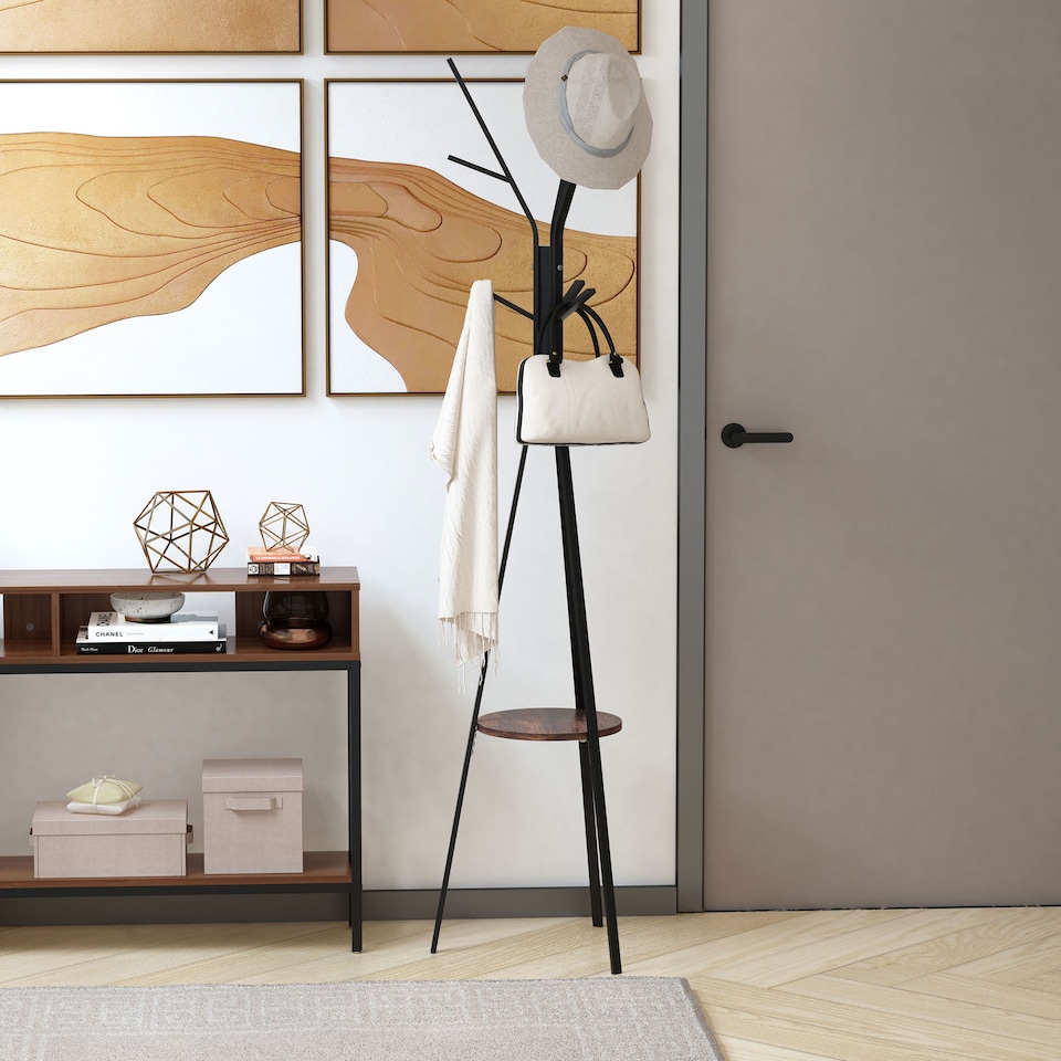 image 1 of HOMCOM Freestanding Metal Coat Rack Stand 9 Hooks Clothes Tree with 1 Shelf Hat Display Hall Tree Hanger Bag Umbrella Hanging Organiser Brown