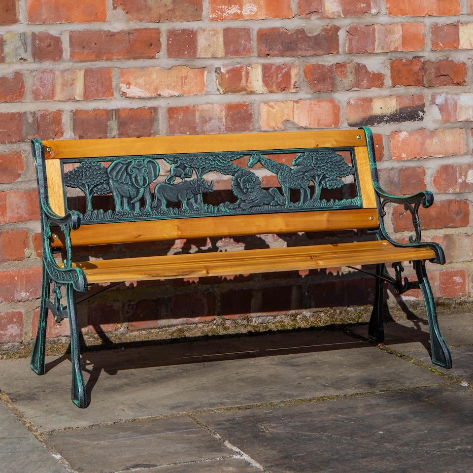 image 1 of Kids 2 Seater Wooden & Cast Iron Garden Patio Childrens Bench with Animal Design