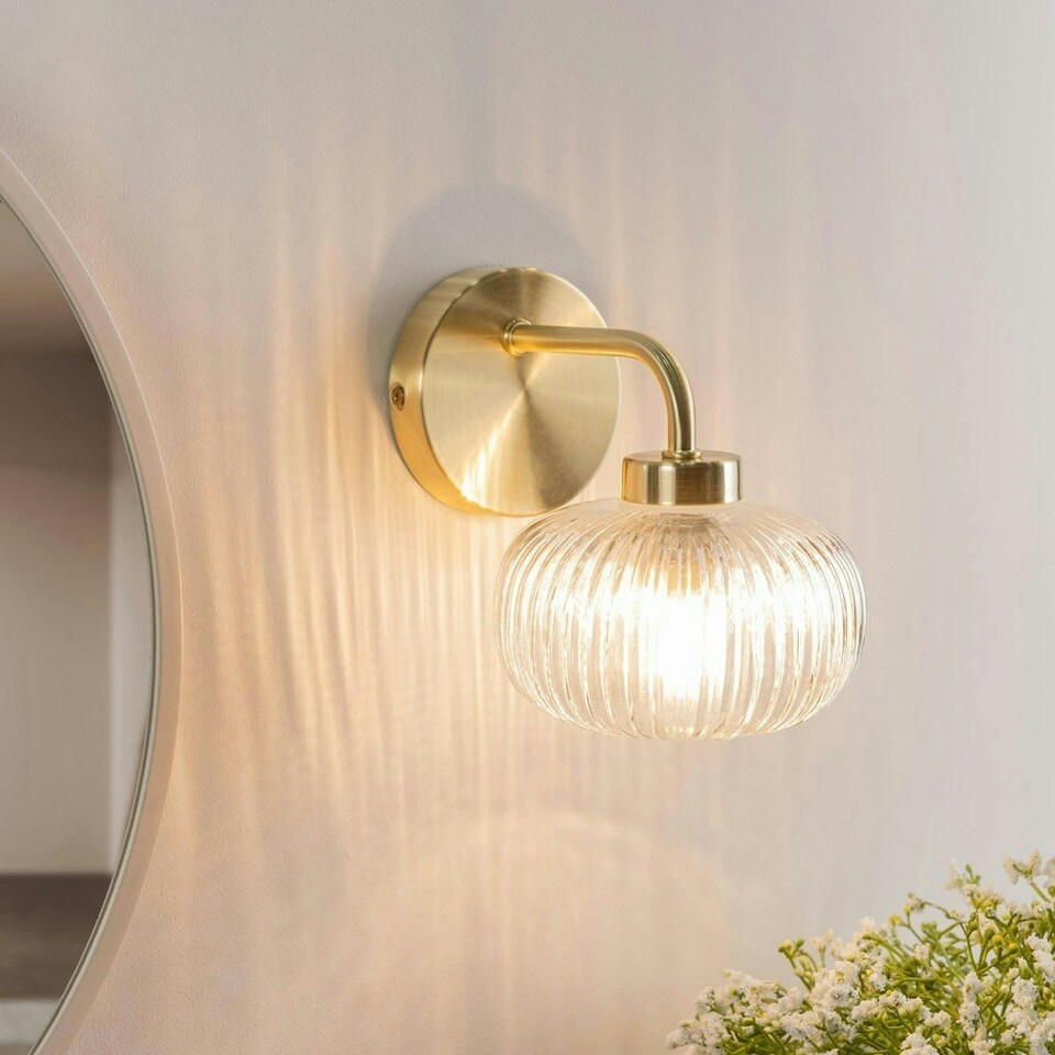 image 1 of ValueLights Amaia Pair of Brushed Gold IP44 Clear Ribbed Glass Wall Lights with LED Bulbs