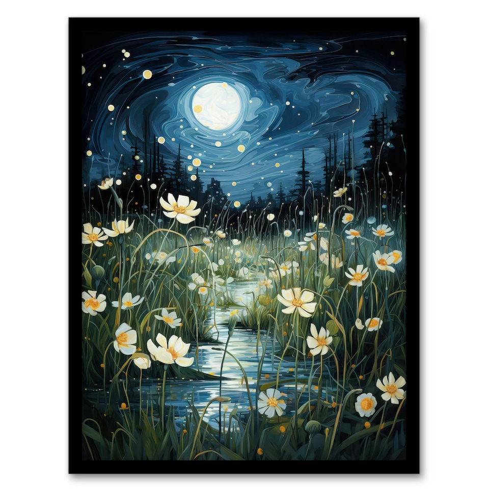 image 1 of Moonlit Dancing Fireflies By Buttercup Brook Black Framed Wall Art Print A4