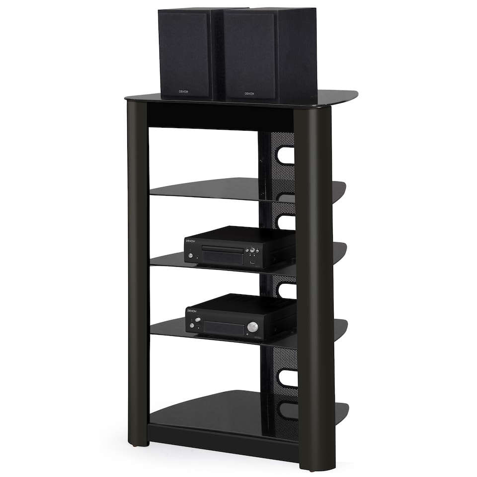 image 1 of Centurion Supports Zinnia 5-Shelf Black Glass with Gloss Black Fascia Flat Screen TV/Hi-Fi/AV Rack Glass Stand | Black | 1