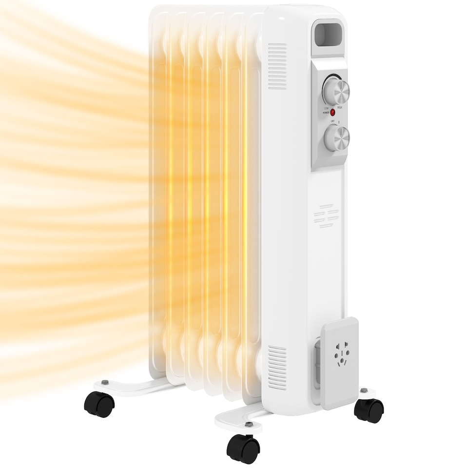 image 1 of HOMCOM 1500W Quiet Oil Filled Radiator, 7 Fin Energy Efficient Portable Electric Heater with 3 Heat Settings, Adjustable Temperate, Safety Tip Over, Overheat Protection, Wheels, for Home, White