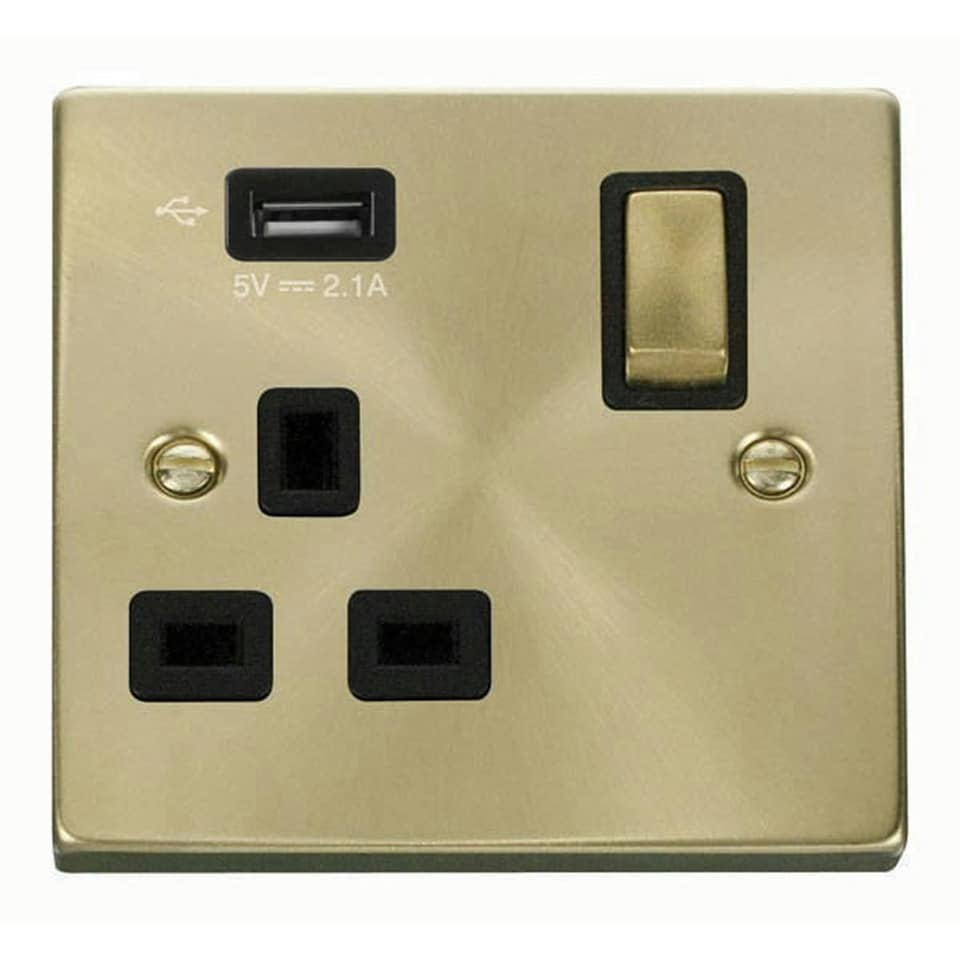 image 1 of SE HOME Satin / Brushed Brass 1 Gang 13A DP Ingot 1 USB Switched Plug Socket Black | Satin Brass