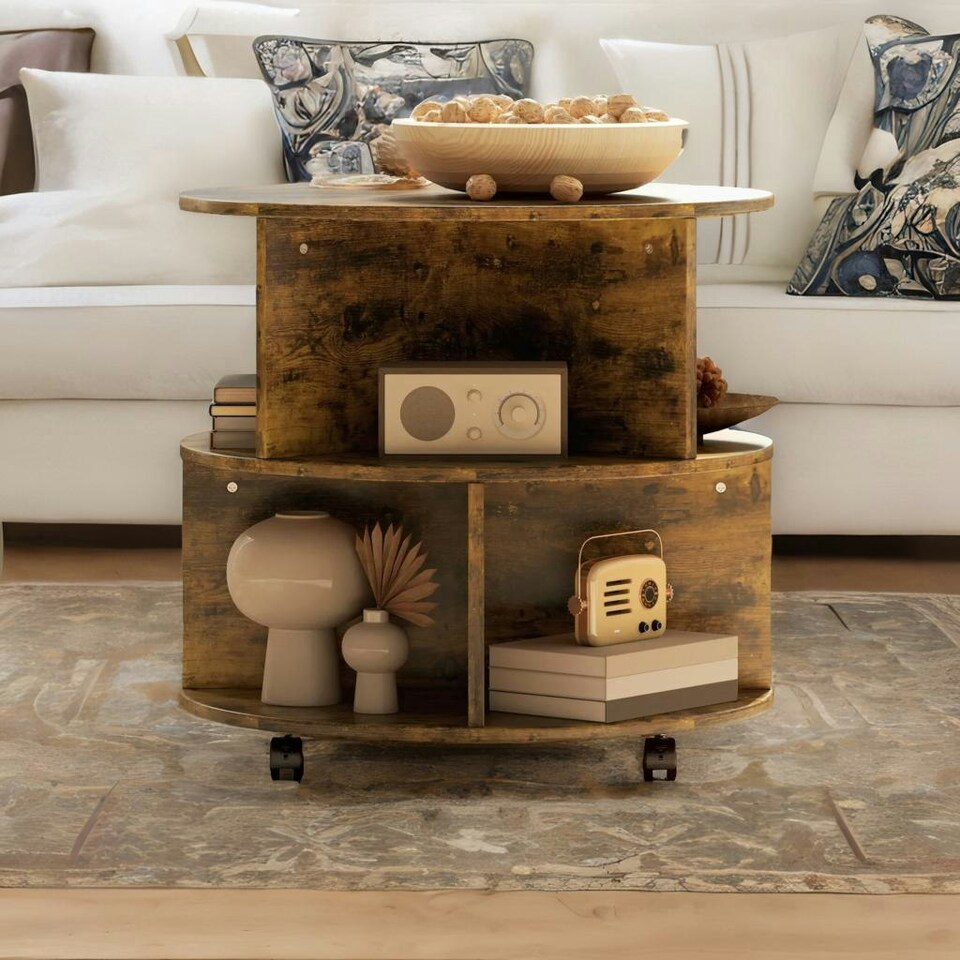 image 1 of Industrial 3 Tier Rolling Coffee Table Rustic Brown Brown