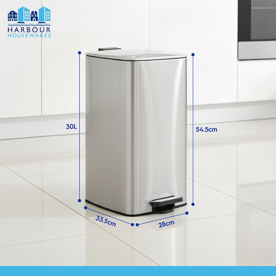 image 1 of Harbour Housewares Square Stainless Steel Kitchen Pedal Bin - 30L - Brushed | Silver | Brushed