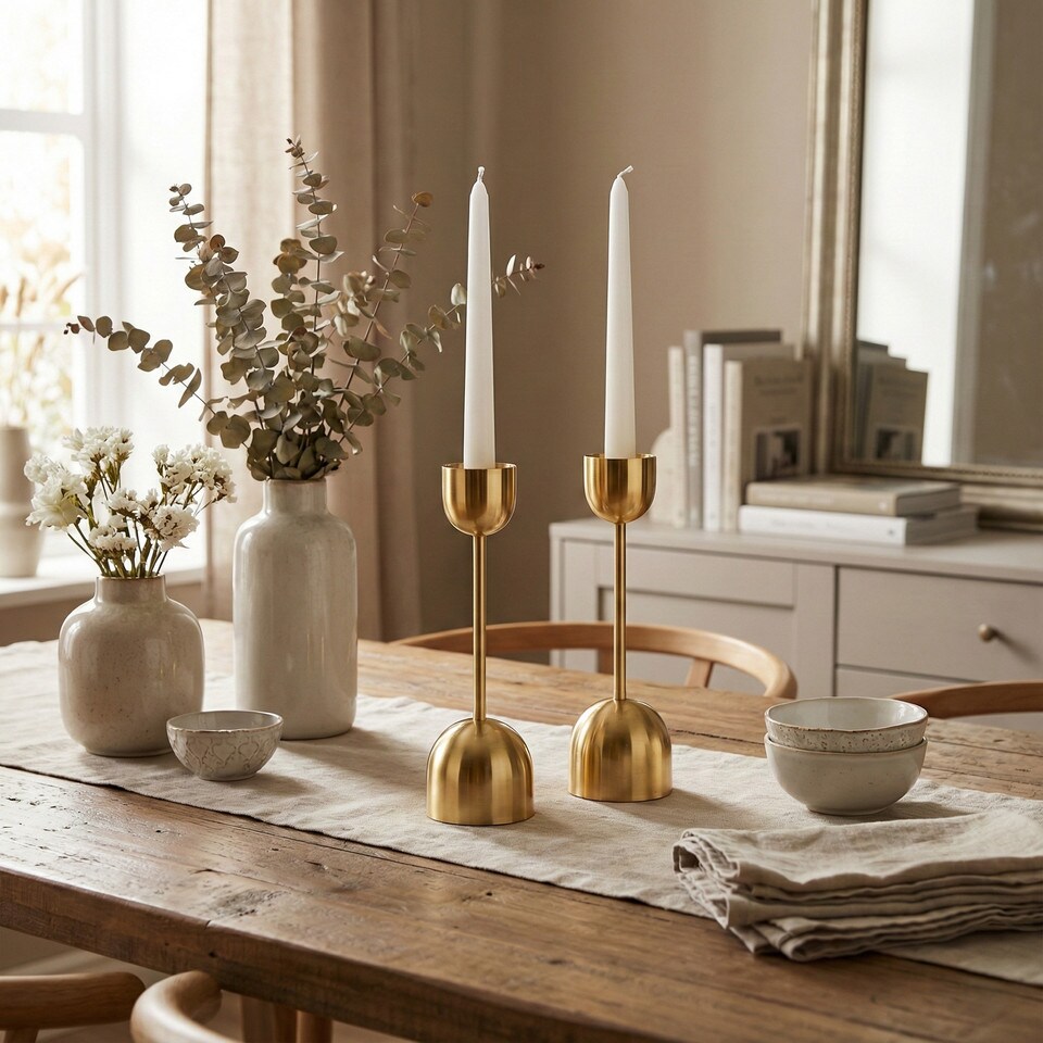 image 1 of Metal Taper Candlestick Bell Candle Holder Stand Wedding Centrepiece Display | Gold | 2x Gold 25cm