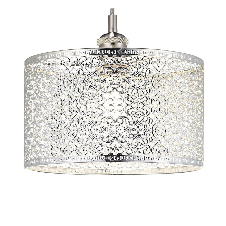 image 1 of Ornate Moroccan Style Decorated Shiny Silver Metal Pendant Shade 25cm x 15cm | Silver | Silver | 1