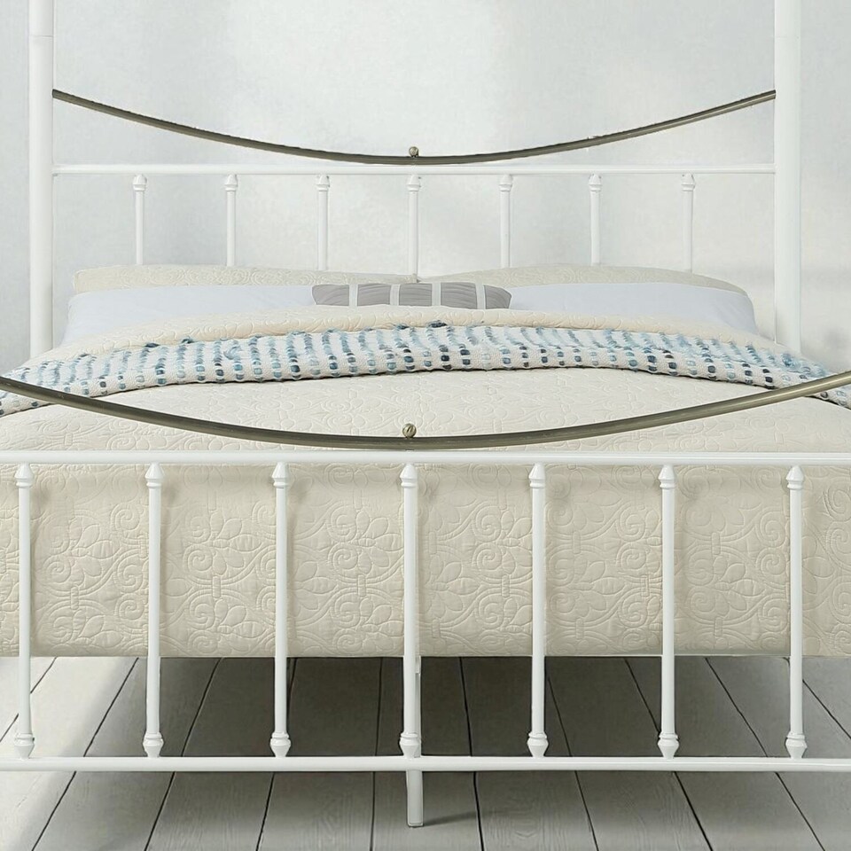 image 1 of Marylebone Traditional Four Poster Canopy Metal Bed Frame | White | White & Brass | King