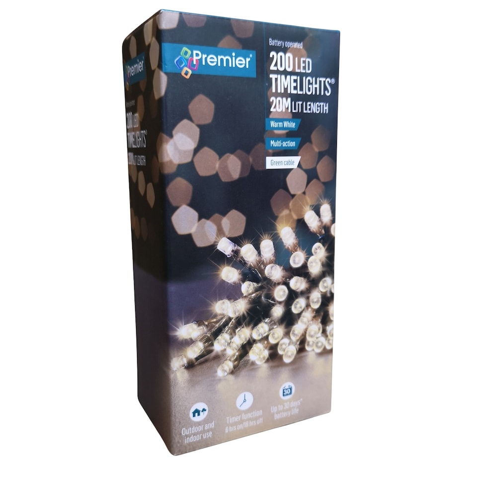 image 1 of 200 LED 20m Premier Christmas Indoor Outdoor Multi Function Battery Operated String Lights with Timer in Warm White