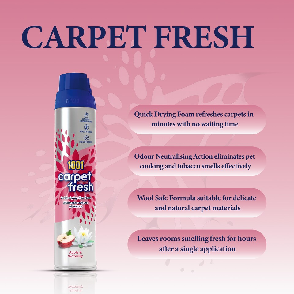 image 1 of 1001 Carpet Fresh Apple Waterlily Carpet Foam Freshener Odour Remover Carpet Cleaner Indoor Home Use 300ml Pack of 2