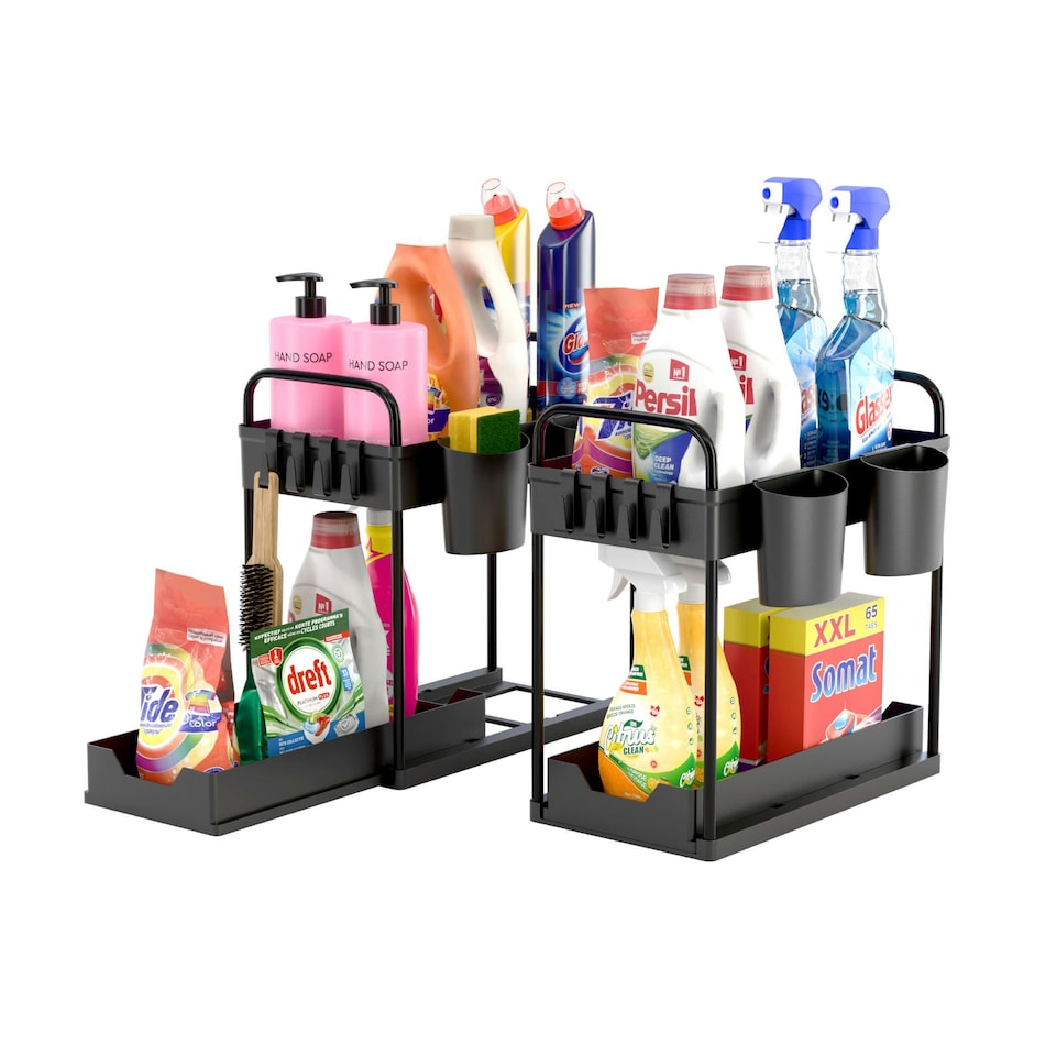 image 1 of DMD 2 Pack Under Sink Storage Kitchen Organiser with Pull Out Shelf Black