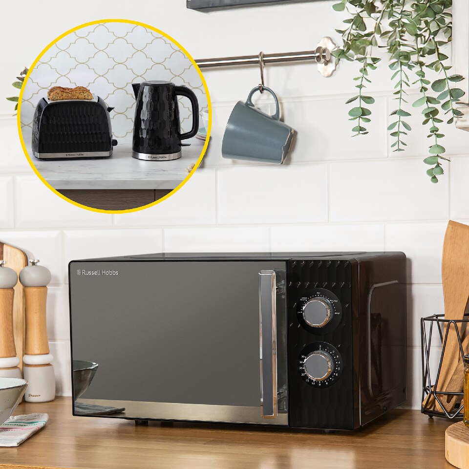 image 1 of Russell Hobbs Honeycomb Bundle Set with Kettle, 2 Slice Toaster, and Microwave Black HCBNDL2B