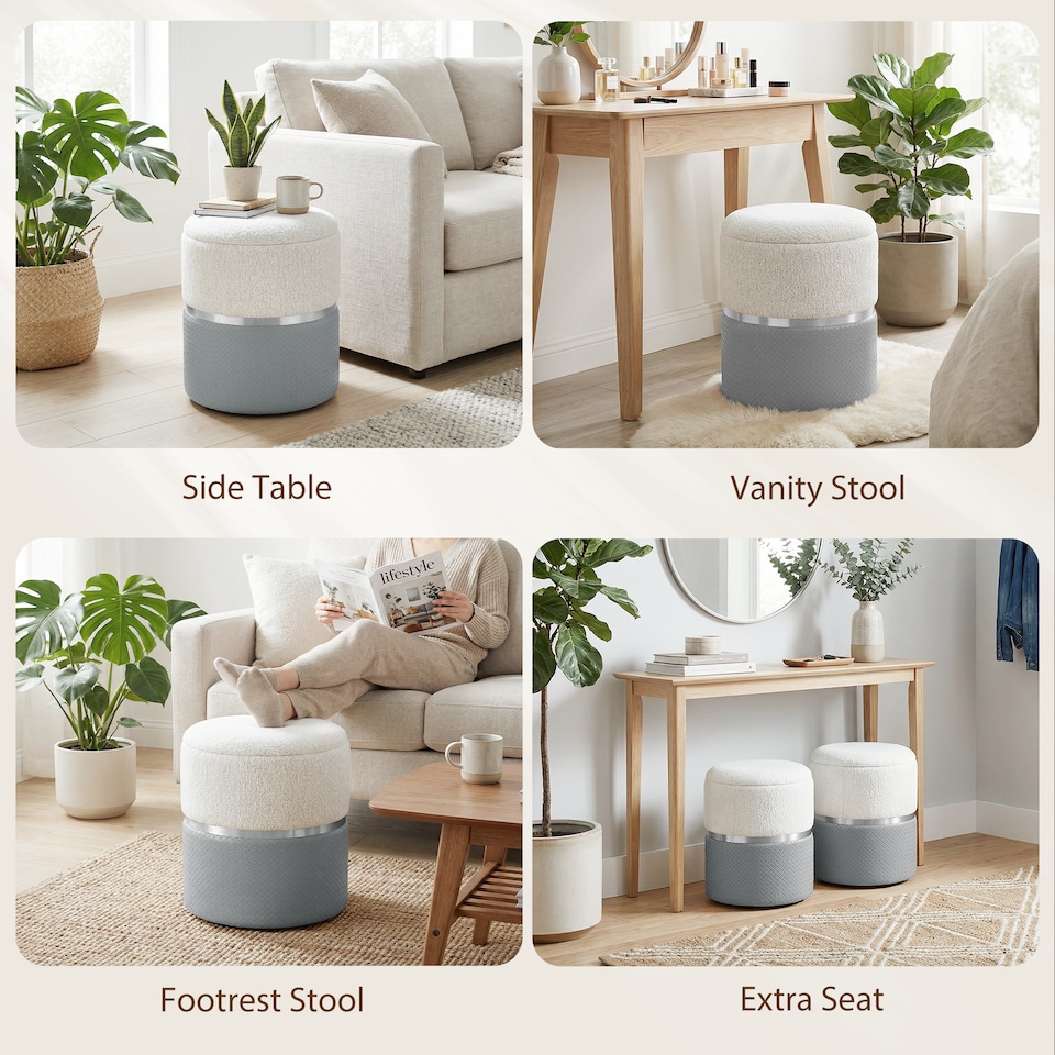 image 1 of HOMCOM Round Storage Ottoman Set of 2, Nesting Footrest Stool | Grey | Cream and grey | Φ36 x 45H cm (large), Φ31.5 x 39H cm (small)