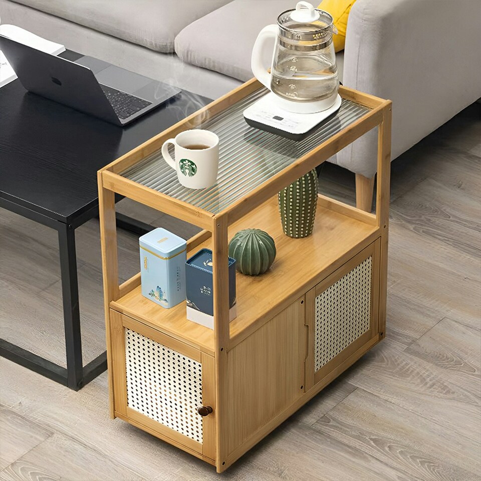 image 1 of Living and Home Wooden Glass Side Table with Wheels