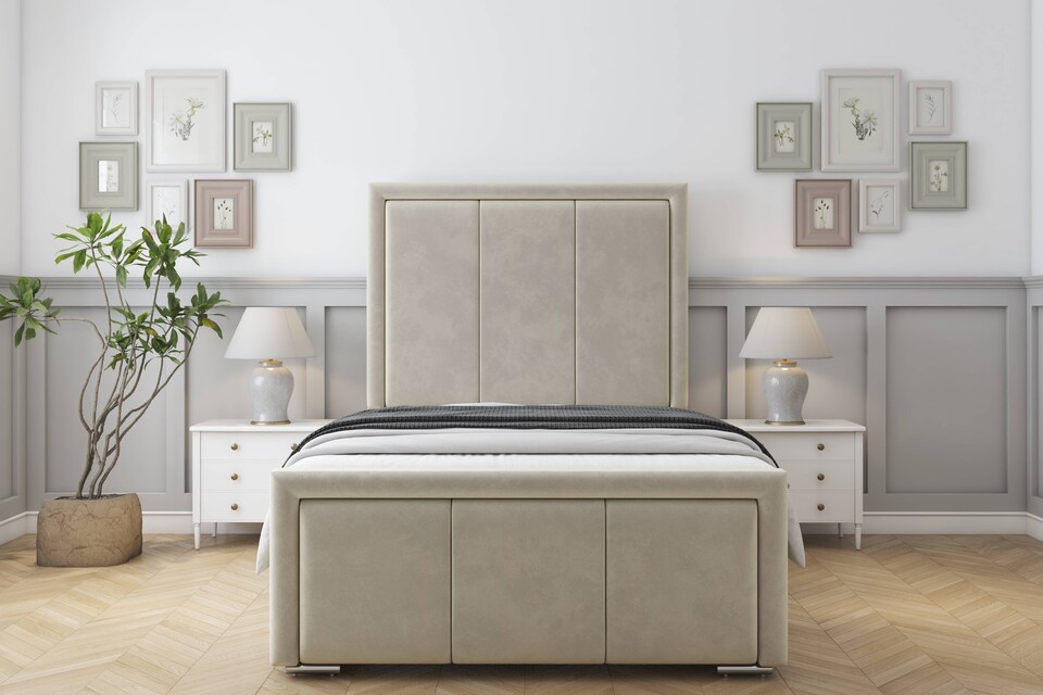 image 1 of Sloomy Lancaster Cream Plush Bed Frame With Mattress With 50" Upholstered Headboard 6' Super King