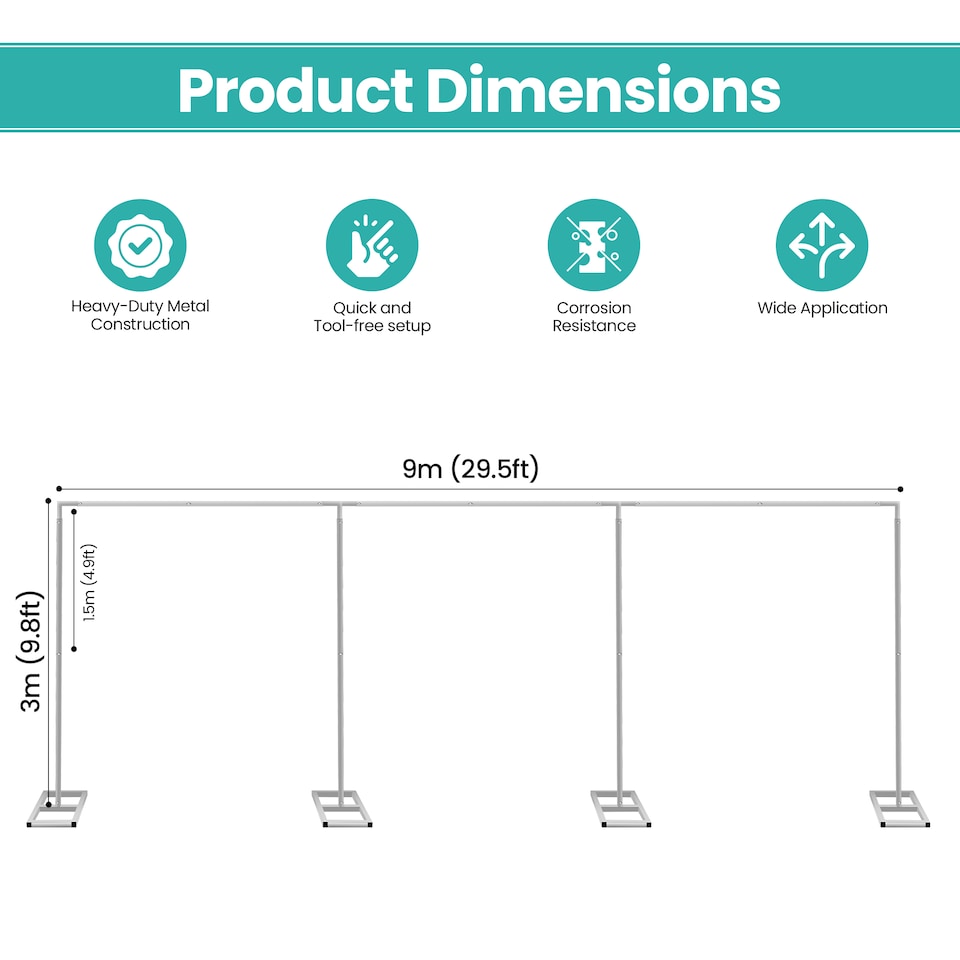 image 1 of 3x9m Silver Modular Rectangular Backdrop Stand Kit with Metal Frame - 4 Base, 14 Pipes
