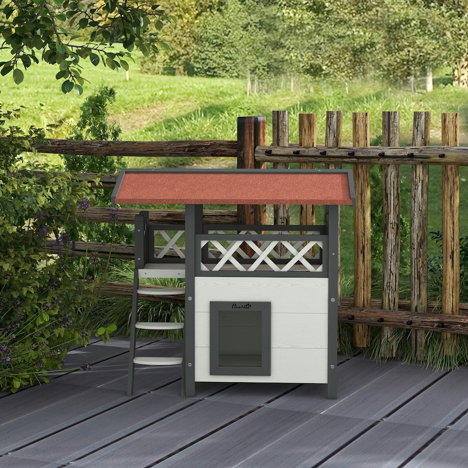 image 1 of PawHut Outdoor Cat House w/ Balcony Stairs Roof, White