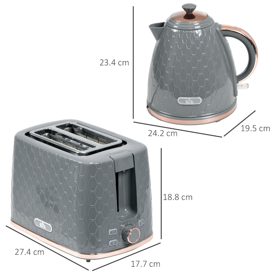 image 1 of HOMCOM Kettle and Toaster Set, 1.7L 3000W Fast Boil Jug Kettle with Auto Shut Off, 2 Slice Toaster with 7 Level Browning Controls & Crumb Tray, UK Otter Thermostat, Grey