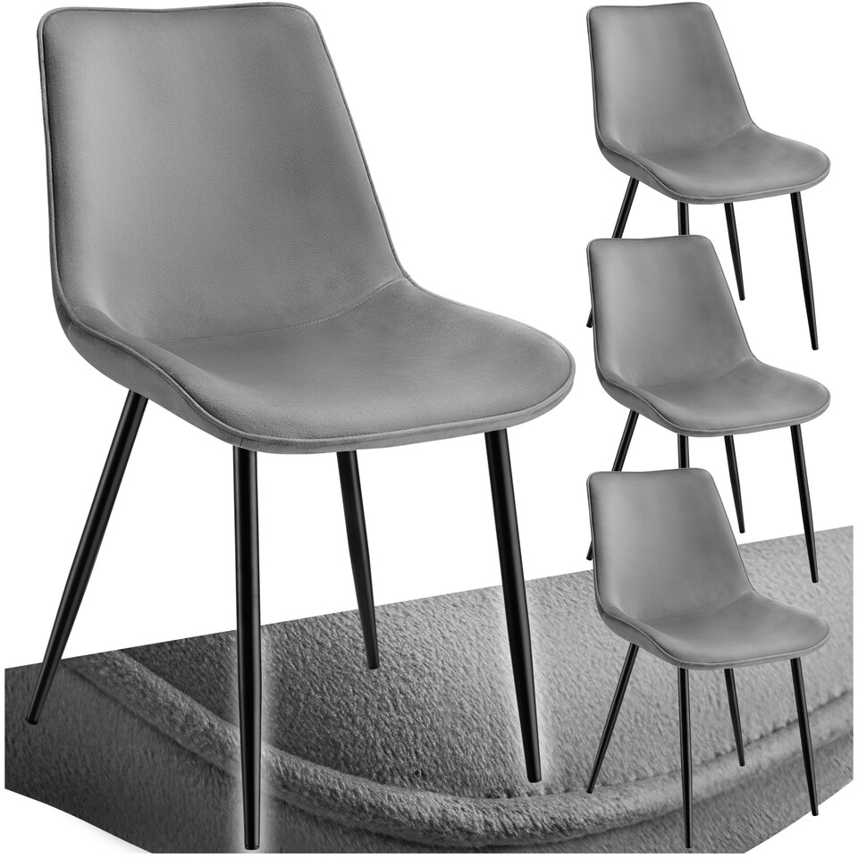 image 1 of Dining Chair Monroe - padded, velvet look, ergonomic seat, black steel legs - Set of 4 Grey
