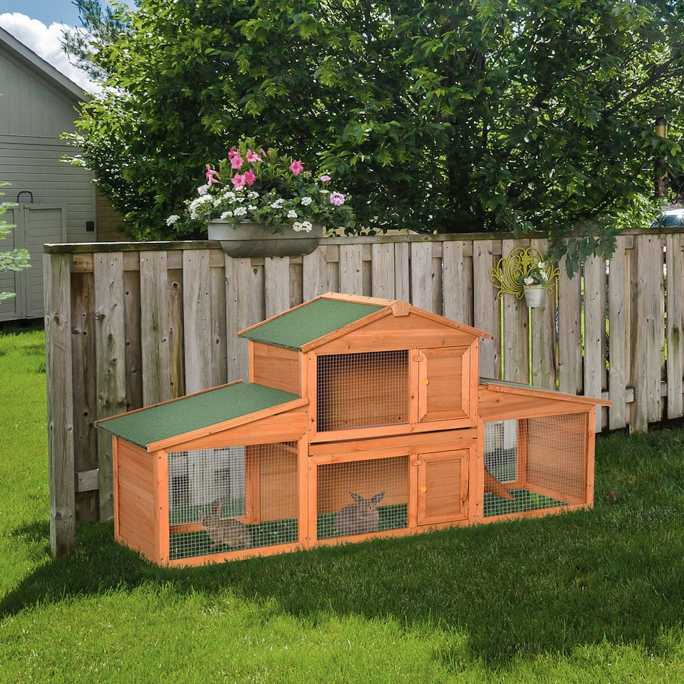 image 1 of PawHut Rabbit Hutch, Guinea Pig Hutch Outdoor Wooden House w/ Run, Green