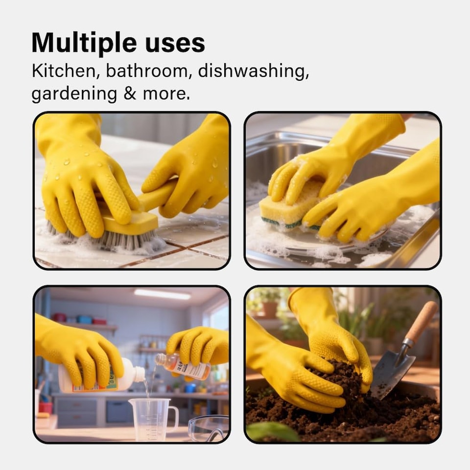 image 1 of Household Gloves 4 Pairs Strong Non Slip Grip Reusable Rubber Gloves Size Large