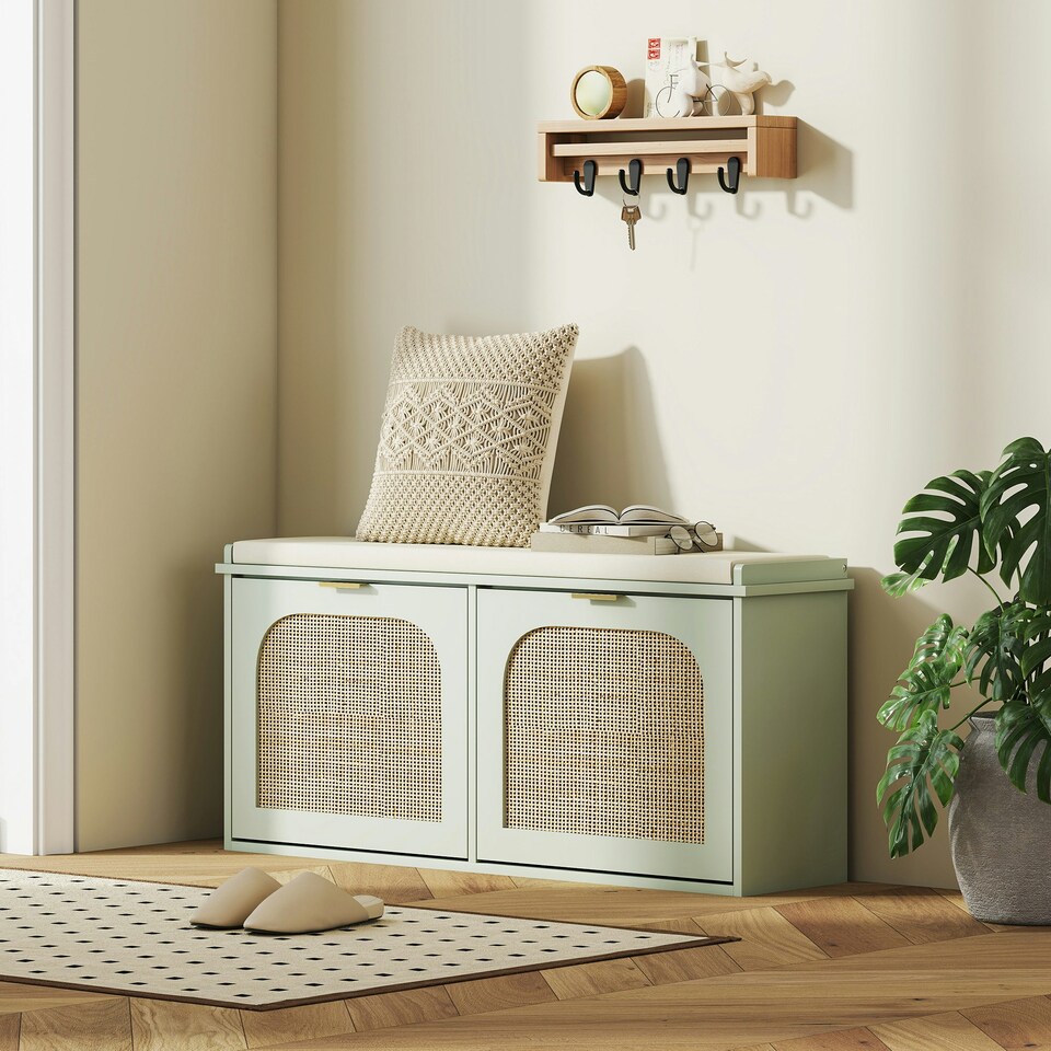 image 1 of HOMCOM Boho Shoe Bench with Padded Seat and 2 Flip-Drawers Green